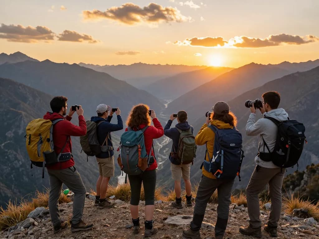 Friends enjoying adventure at mountain summit under sunset, showcasing Fly88 travel spirit.