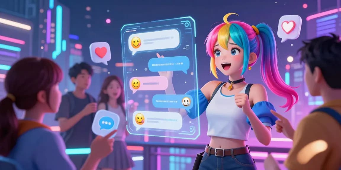 Interactive scene showcasing hentai AI chat with vibrant avatars and digital engagement.