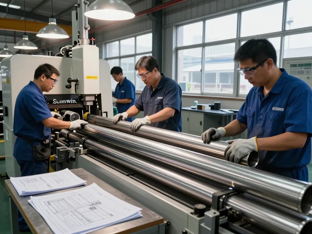 Manufacturing scene featuring Sumwin stainless steel pipes in an industrial workshop with skilled workers.