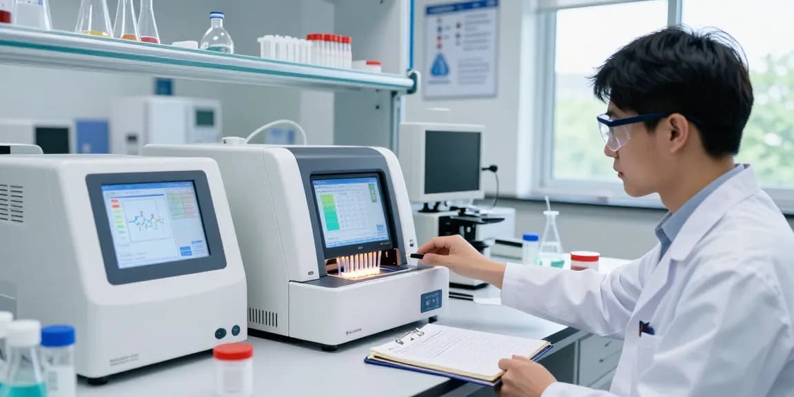 Researcher at mmoo05.com analyzing nucleic acid amplification assays in a modern lab environment.