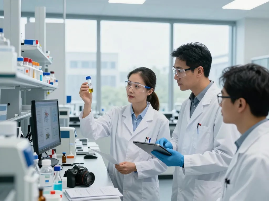 Team of scientists researching MB66 film in a bright lab environment.