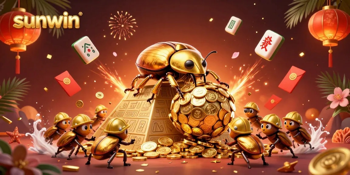 Play exciting games at sunwin casino with a golden beetle pushing coins up a pyramid!