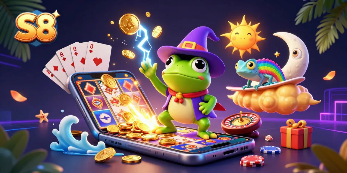 S8 showcases a vibrant 3D casino scene with a wizard frog and chameleon amidst a golden coin storm.
