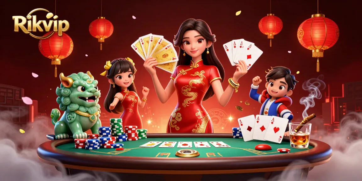 Engage with Rikvip's vibrant casino experience featuring a woman in a qipao amidst poker elements.