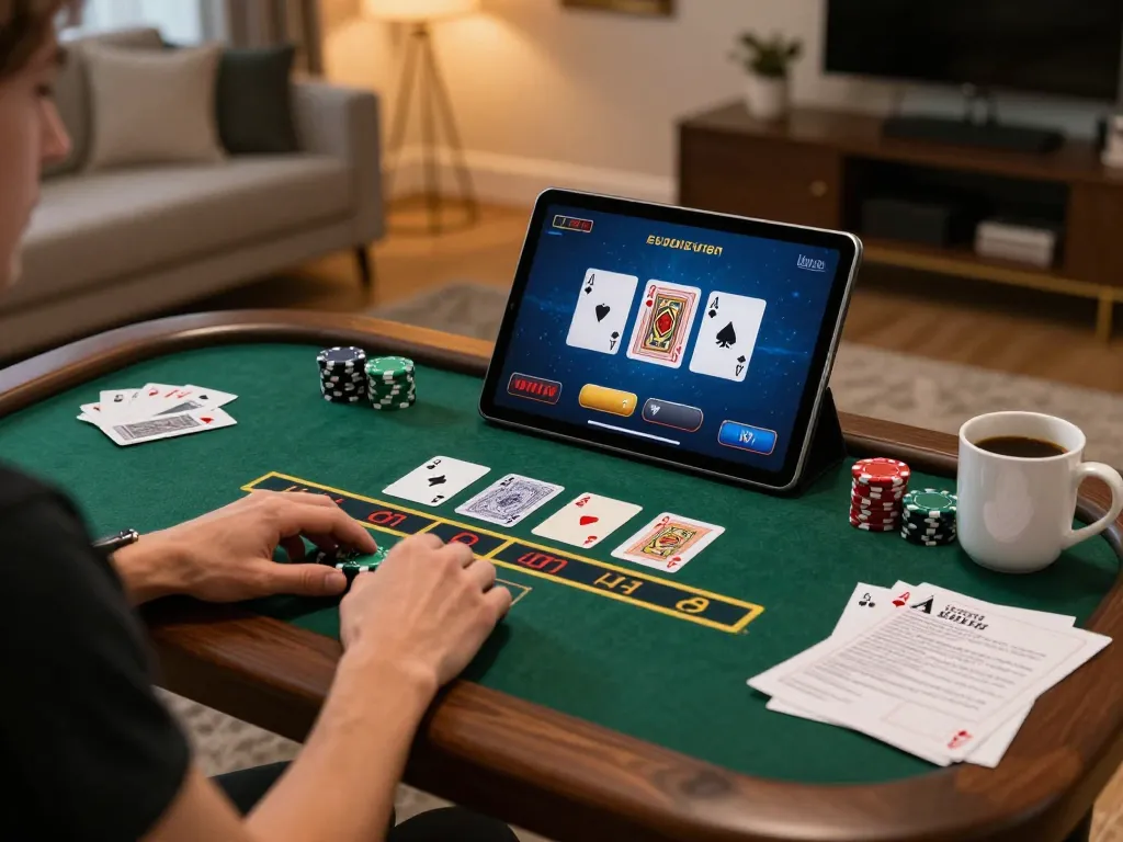 Nohu90 live dealer blackjack game setup, showcasing strategic gameplay in a stylish home environment.