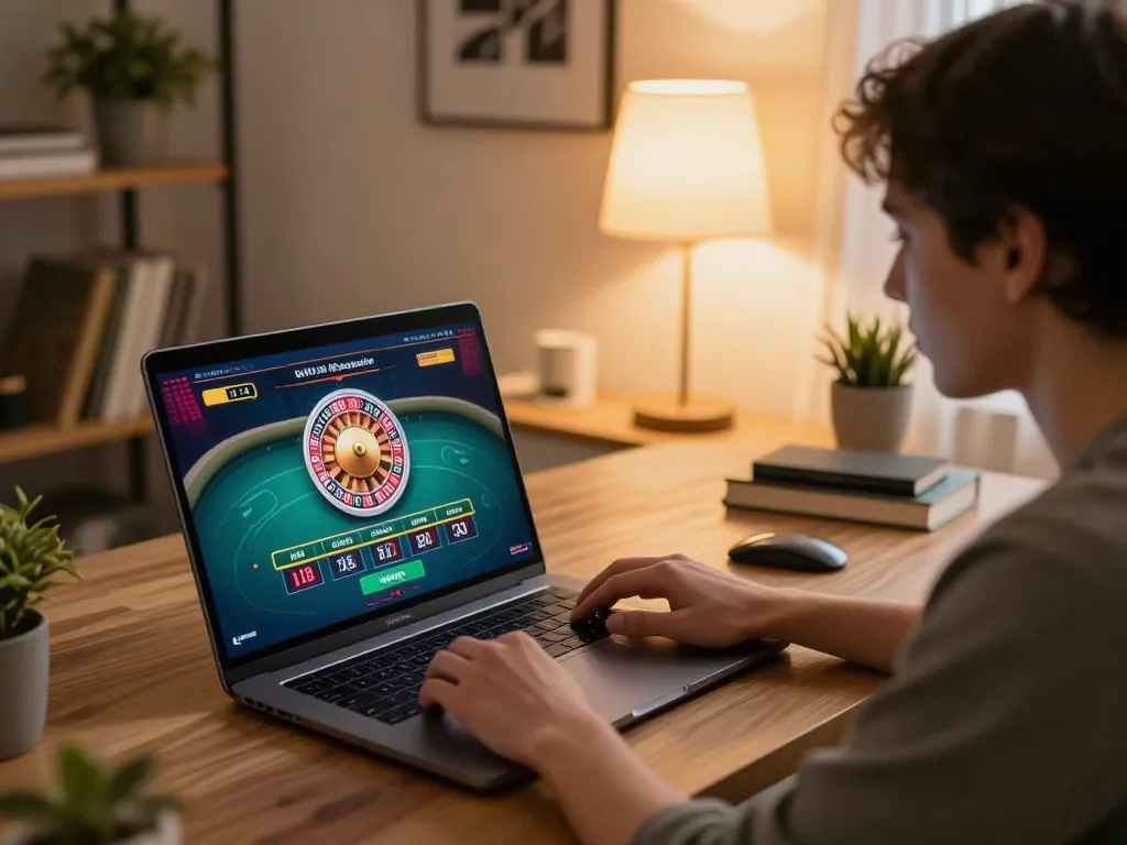 88GO player enjoying a live dealer roulette game on laptop in a cozy home office