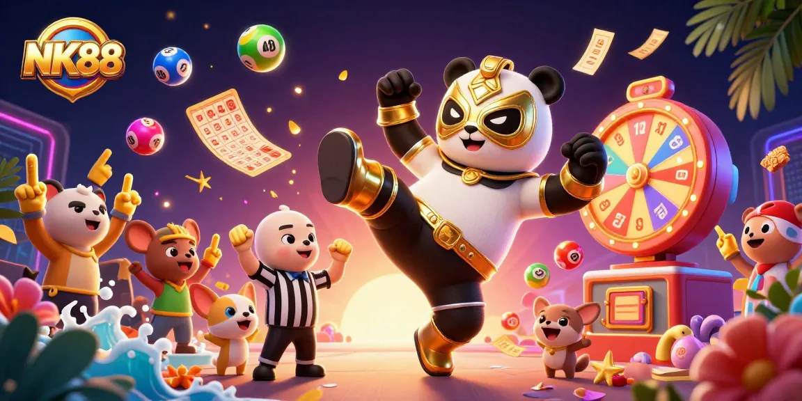 Engage with NK88's dynamic gambling scene featuring a panda wrestler and animated lottery elements