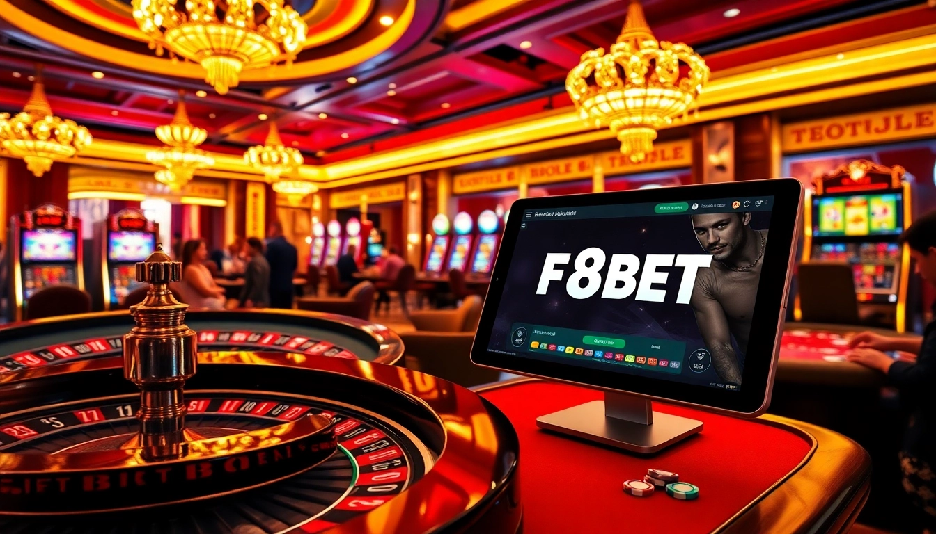Gambling excitement at F8BET casino with vibrant roulette, slot machines, and engaging players.
