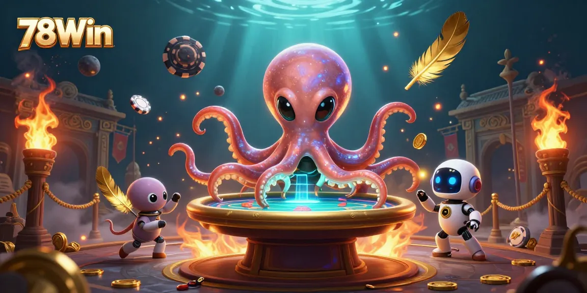 78Win gaming scene showcasing an alien octopus at a poker table with vibrant casino elements.
