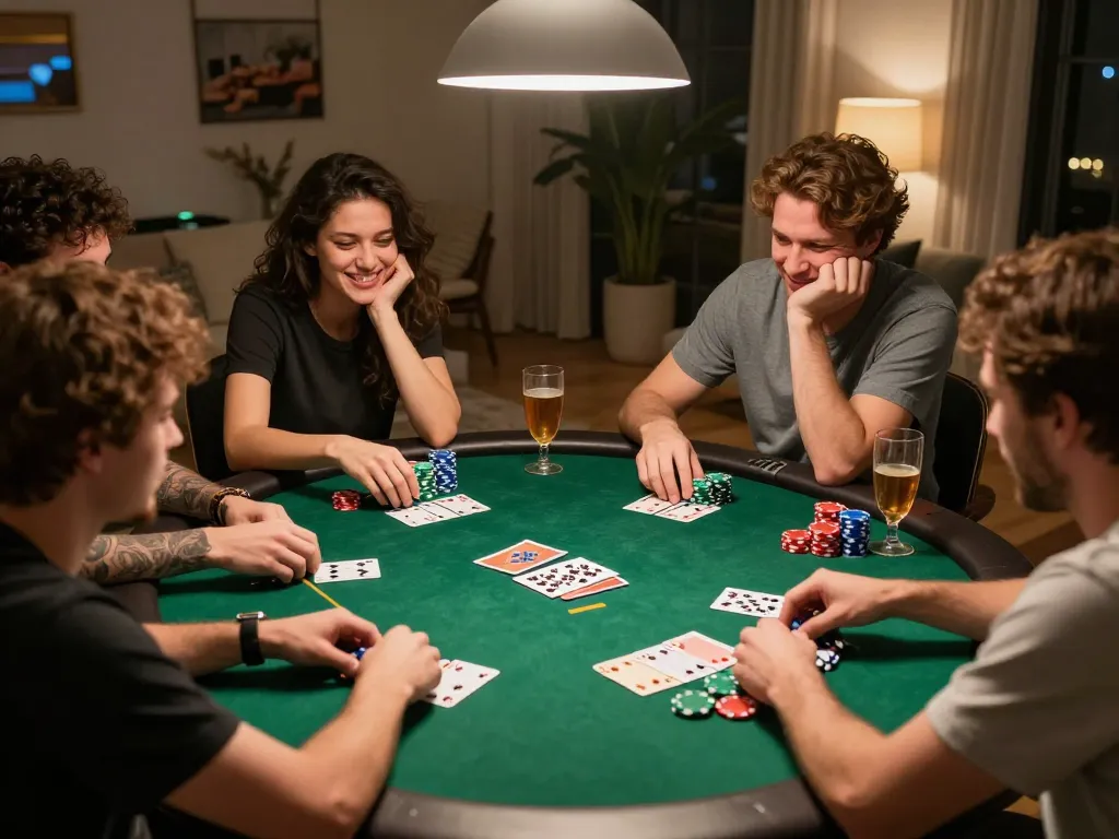 Friends playing poker at home, showcasing DW8 strategy and interaction in a lively atmosphere.