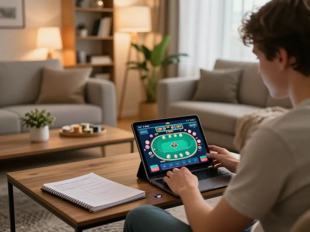 Engaging online poker session at home, CM88 casino interface on tablet, showcasing player strategy and comfort.