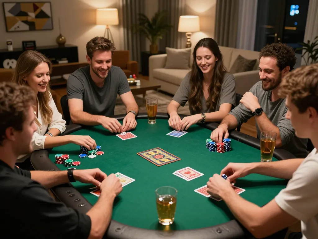 Bong88 players engaged in a lively home poker game, showcasing suspenseful betting moments and friendly competition.