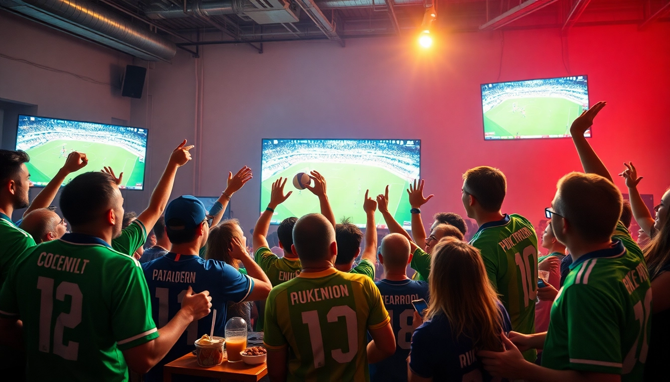 Excited football fans enjoying live matches on Lương Sơn TV with vibrant energy.
