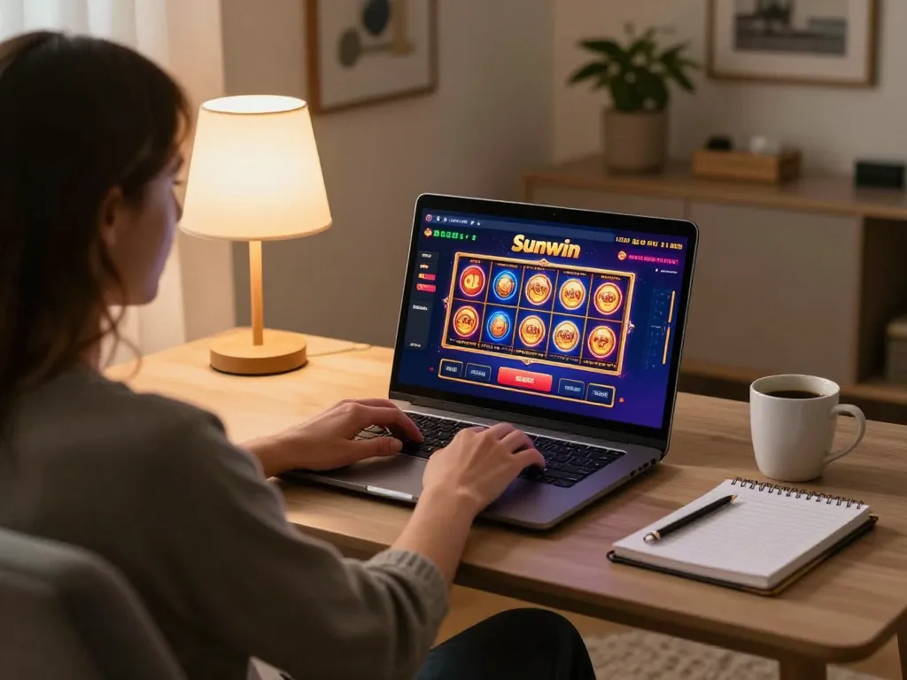 Playing Sunwin online casino on a laptop at home, with vibrant slot graphics and strategy notes.