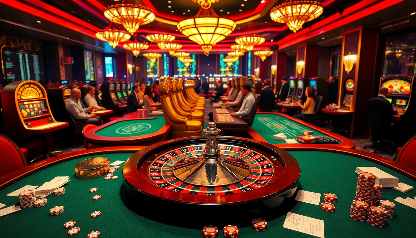 Engaged players placing bets at an exciting casino scene at https://bem88.com, featuring vibrant tables and glamorous decorations.