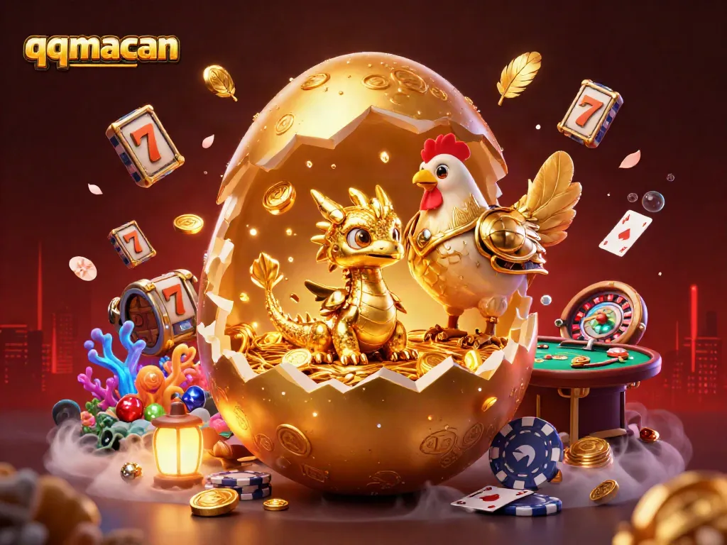 Win big with qqmacan as a golden dragon emerges from a jackpot egg surrounded by vibrant casino elements.