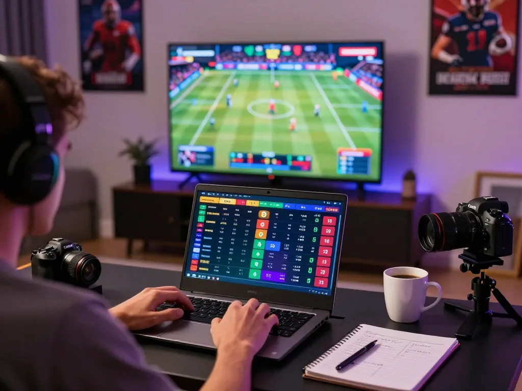 Engaging sports betting scene showcasing TOPBET interface on laptop within a vibrant home setting