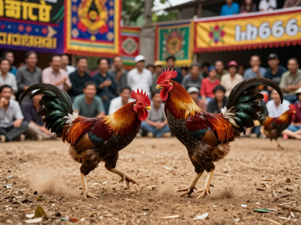 Immerse in the thrilling action of đá gà mb66 with roosters battling fiercely in an evocative arena, showcasing the excitement.