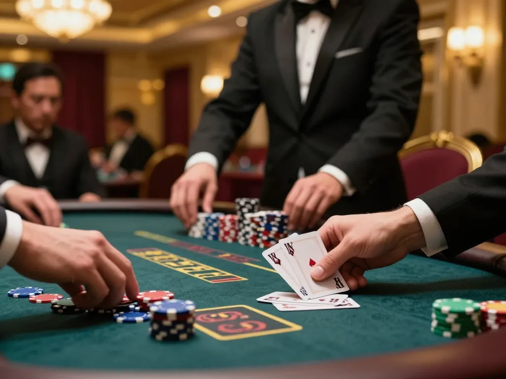 Player strategizing in a blackjack game at 33win casino table, showcasing vibrant ambiance and high stakes.