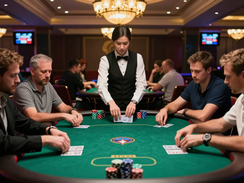 GG88 players focusing on a high-stakes poker game surrounded by vibrant casino atmosphere.
