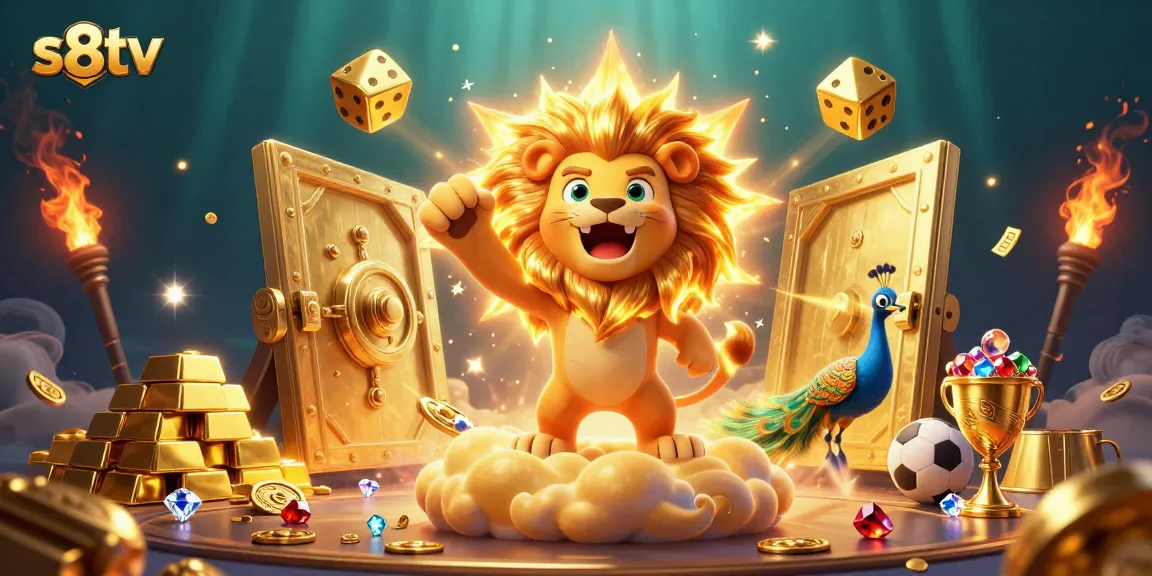 Bet on excitement with s8tv: A vibrant scene featuring a lively sun lion, golden dice, and sports betting elements.