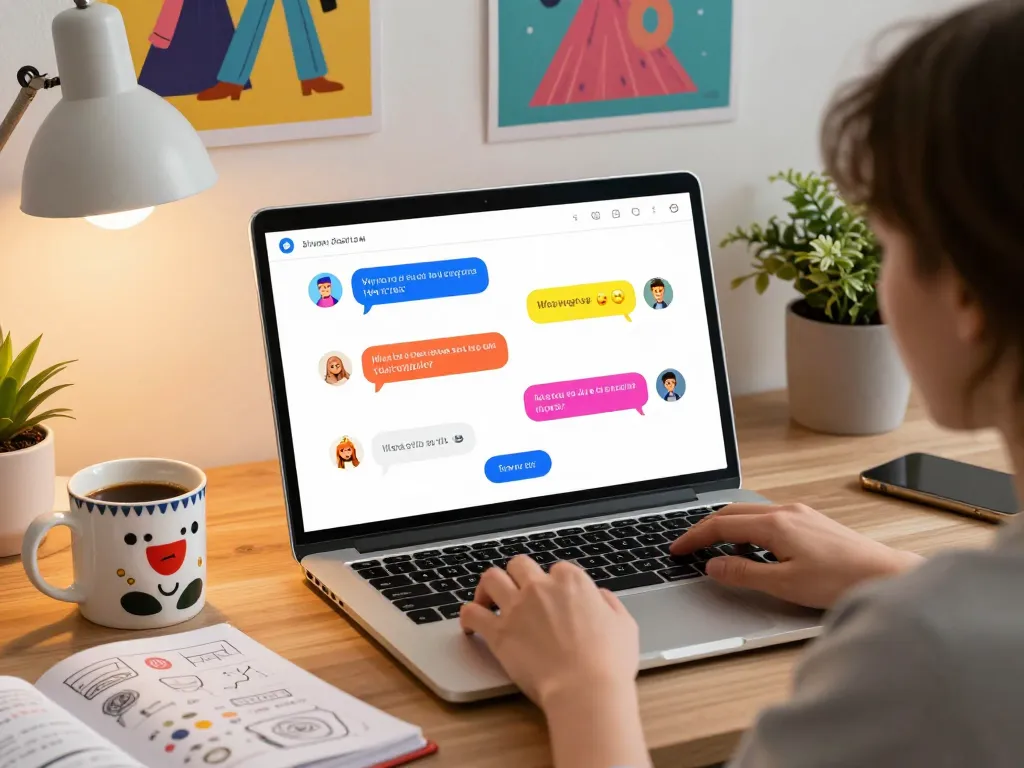 Engaging with spicy chat AI on laptop in a vibrant workspace, showcasing creative interactions.