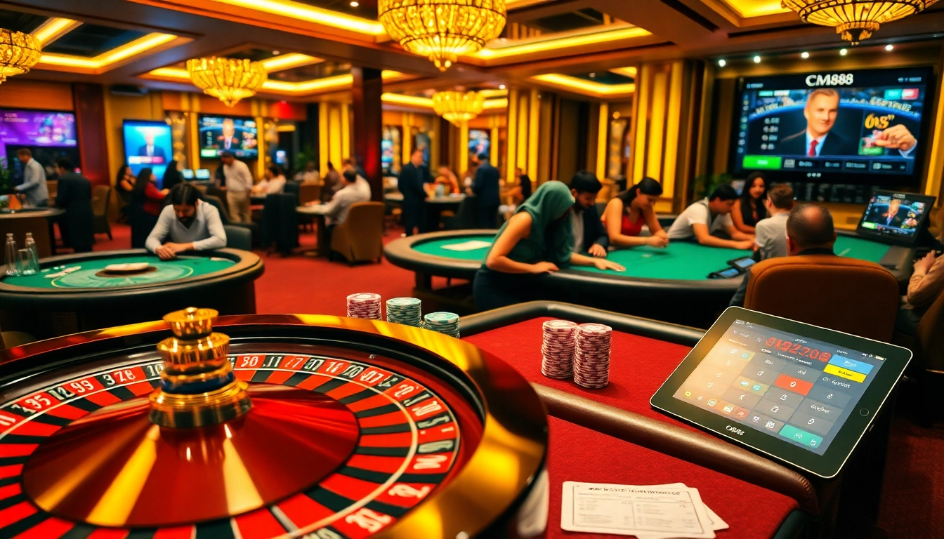 Players enjoying the excitement of high-stakes games at CM88 casino with vibrant tables and chips.