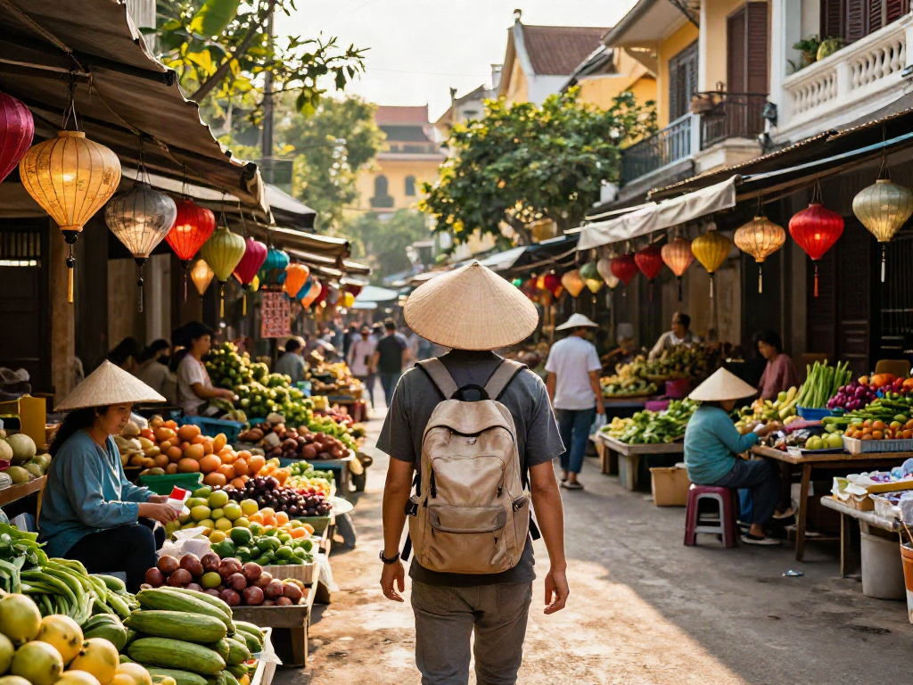 Visitor exploring vibrant street markets in Vietnam at https://joeyvisavietnam.com/ surrounded by fresh produce and historic buildings.
