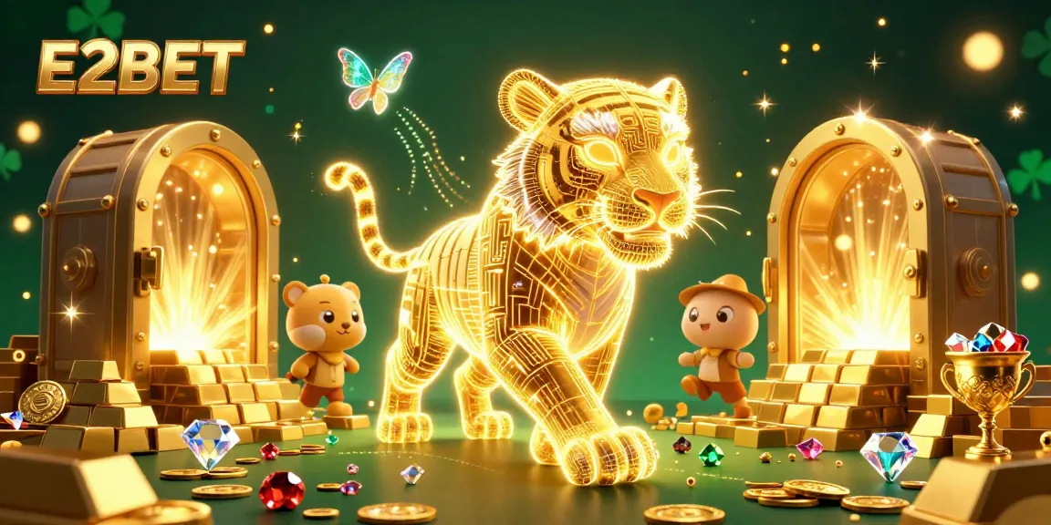 E2BET showcases a vibrant digital casino with a golden tiger and holographic butterflies, embodying excitement and winnings.