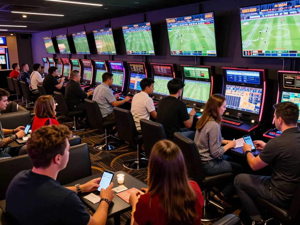 Xoilac sports betting lounge showcasing enthusiastic bettors engaged in live game action and mobile interactions
