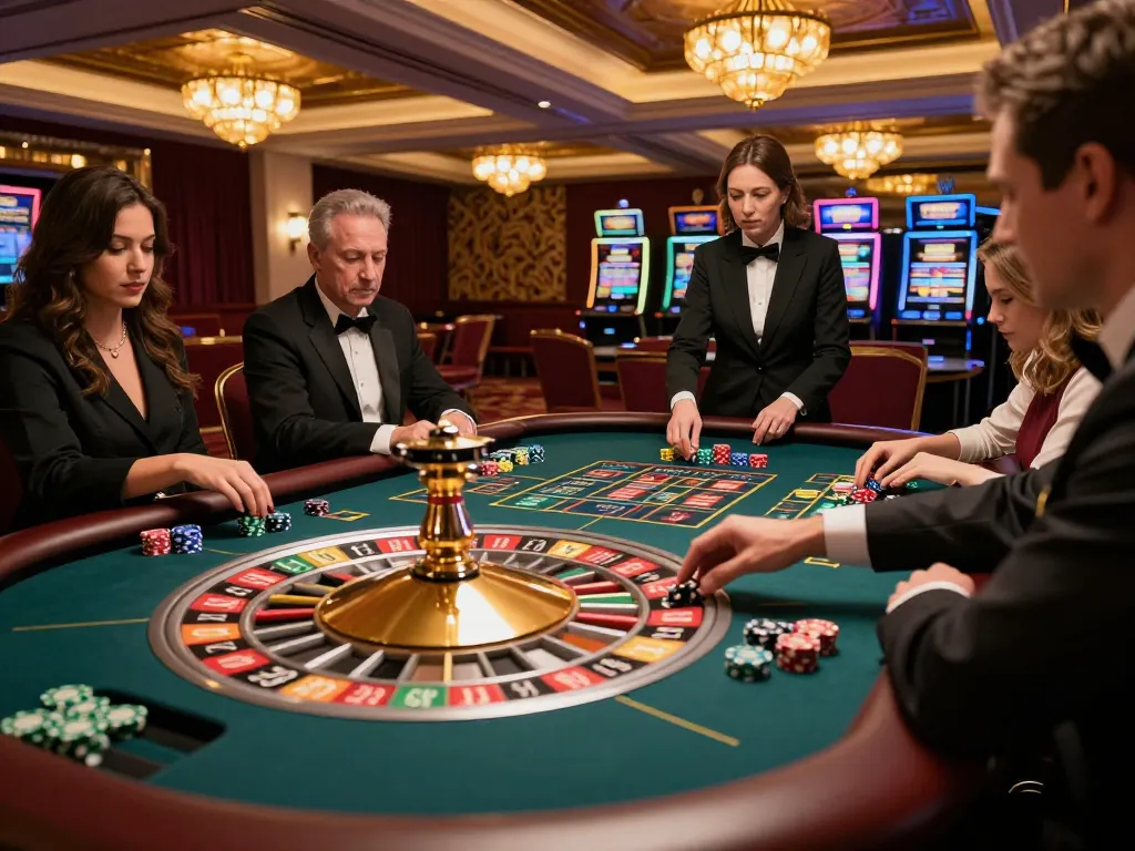 Fly88 players engaging in an exhilarating roulette game at a luxurious casino venue, showcasing vibrant energy and excitement.