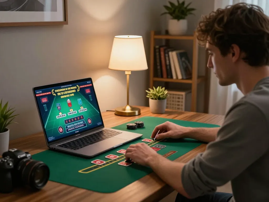TWIN68 player engaged in a live dealer blackjack game on a laptop in a cozy home office.