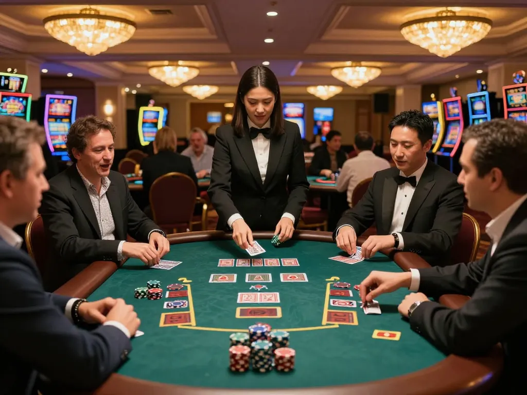 KJC players engaged in an exciting blackjack game at a vibrant casino, showcasing strategic card gameplay.