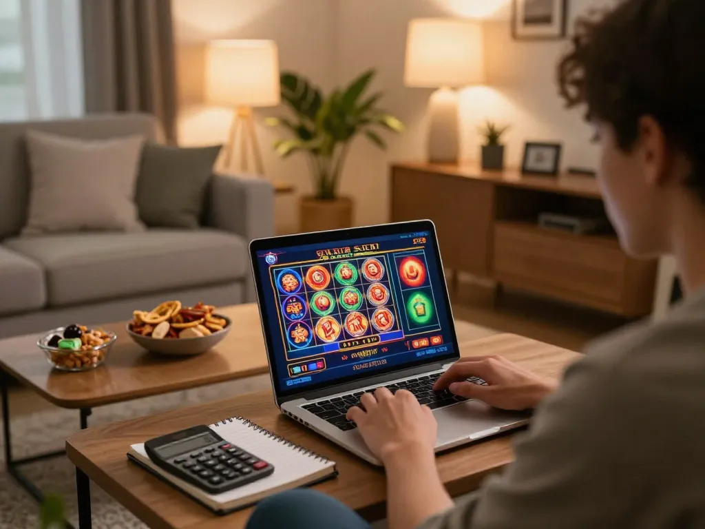 Engaging in online gaming at home using aw8 np with a laptop, featuring a vibrant slots display and cozy atmosphere