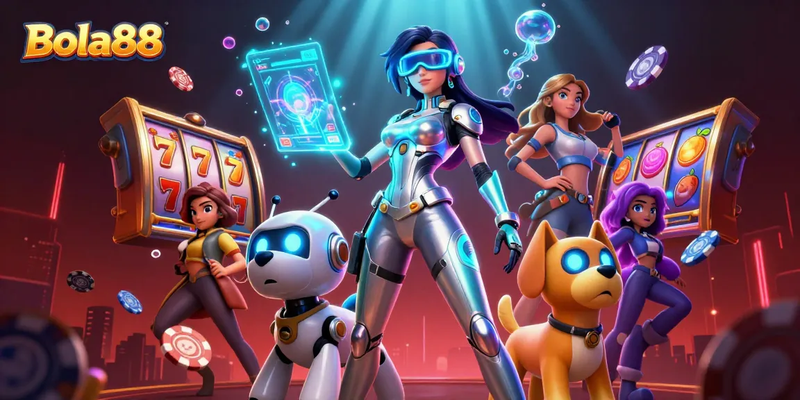 Bola88 showcases exciting 3D casino elements, including vibrant slot reels and animated characters.