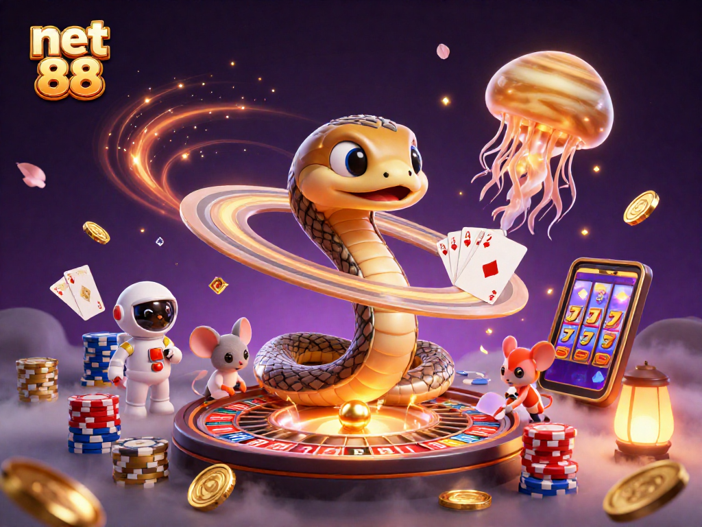 Bet on innovative games featuring net 88’s Saturn snake and cosmic dealer in a vibrant casino scene.