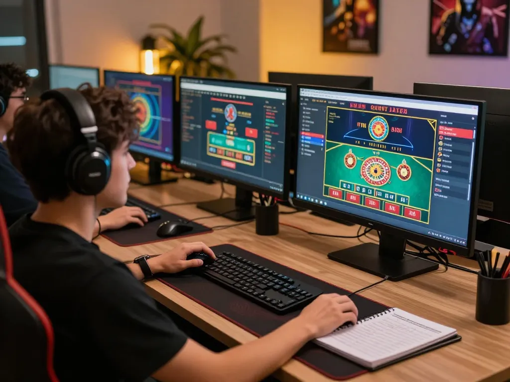 WinWin online gaming setup showcasing multiple screens of casino games and engaging strategy notes, creating an immersive gambling experience.
