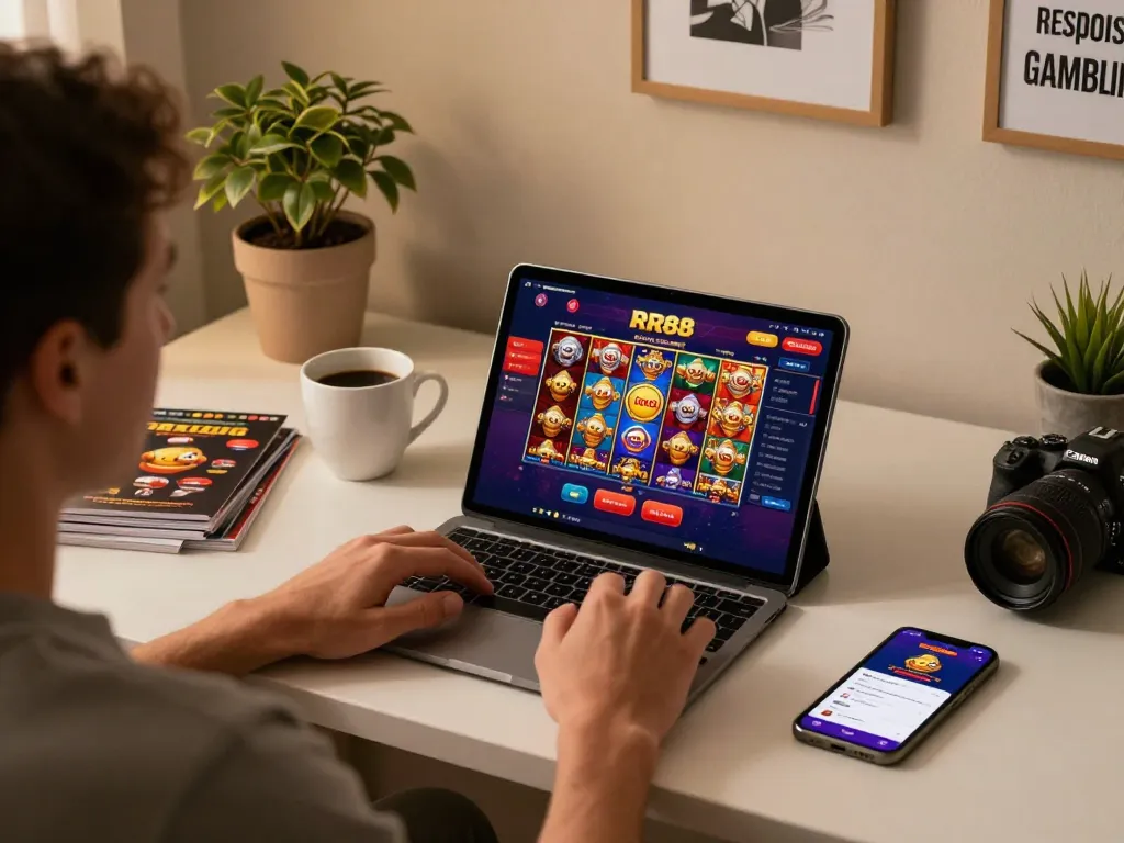 Engaging scene of an online casino at https://rr88.gratis/ depicting a player focused on tablet with vibrant slot games.
