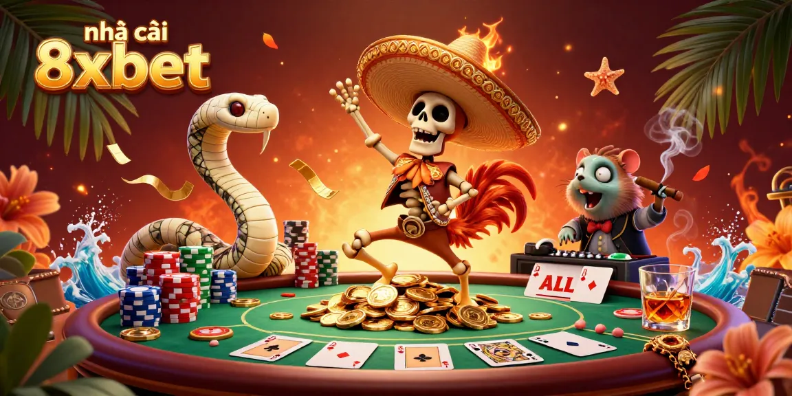 Experience thrilling action at nhà cái 8xbet with vibrant 3D characters and poker elements in a lively casino scene.