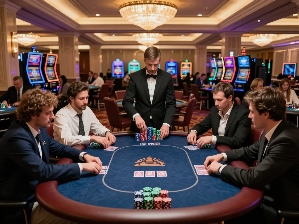 Engaging high-stakes poker game at the luxurious 789win vip casino, revealing focused players and dealers