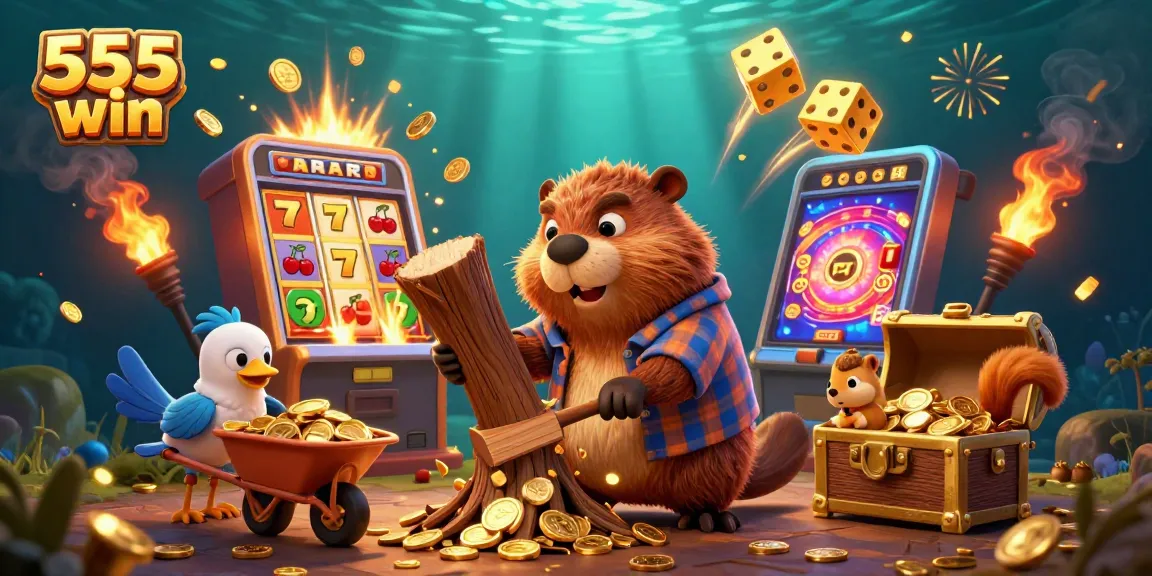 Experience the thrill of 555 win in a dynamic casino scene with characters gathering golden coins and jackpot elements.