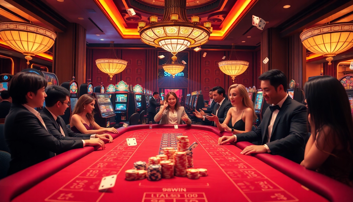 Enthusiastic players enjoy high-stakes gaming at a 98win casino, showcasing excitement and luxury.