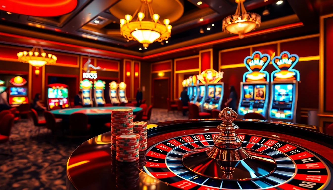 Experience thrilling gameplay at KK55 with a dazzling roulette wheel and vibrant casino atmosphere.
