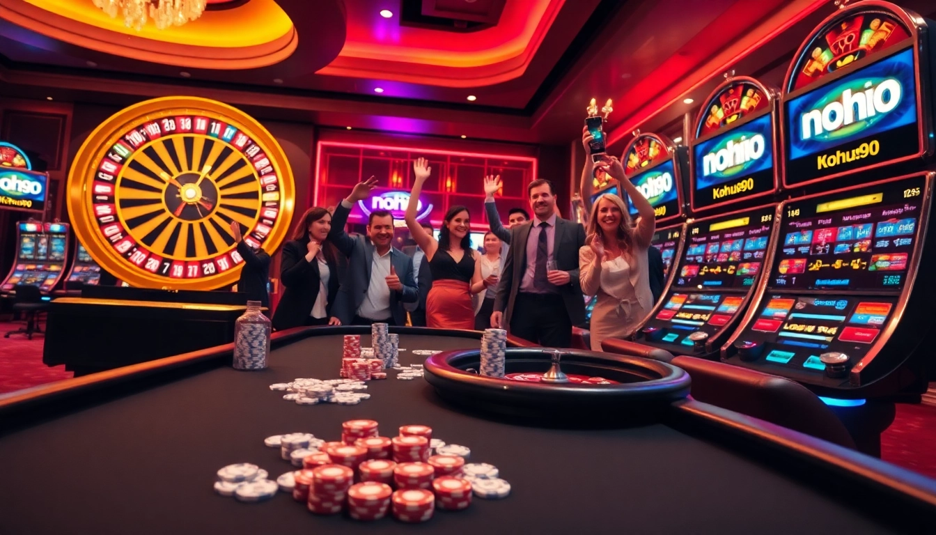 Players engaging with slot machines at a luxurious casino featuring nohu90 branding.