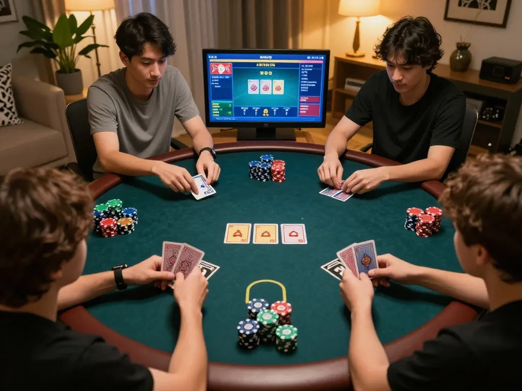 Các người chơi LUCK8 đang lập chiến lược trong một trận poker trực tuyến gay cấn tại nhà thoải mái.