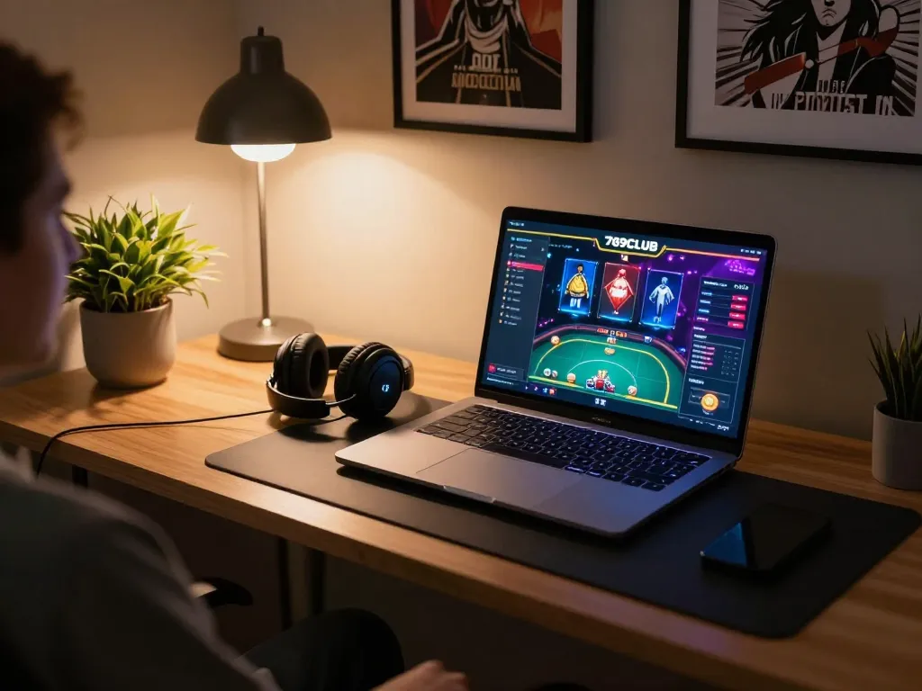 Engaged player exploring 789CLUB gaming interface in a modern home environment