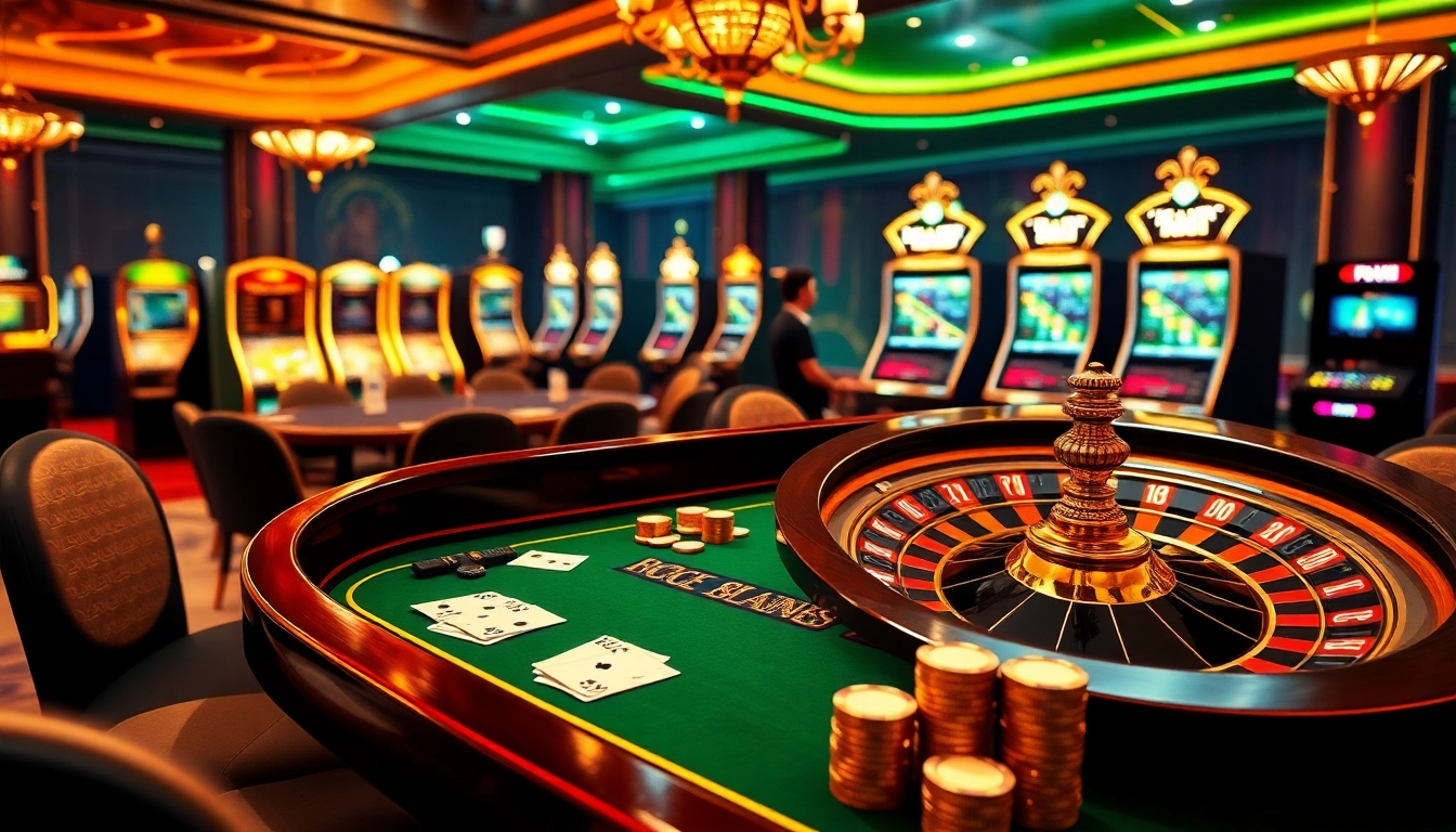 An engaging casino atmosphere with players enjoying games at https://go999.in.net/, showcasing poker, roulette, and vibrant slot machines.