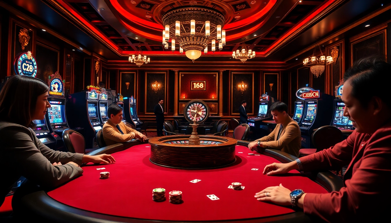 Experience thrill at C168 COM poker table amidst vibrant casino atmosphere.