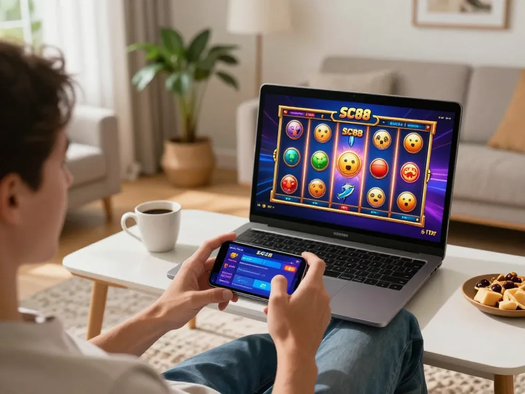 Player engaging with SC88 casino app on smartphone in cozy living room during online gaming session
