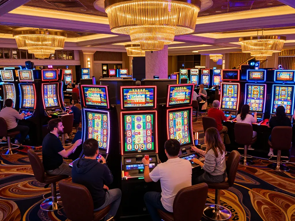 Players engaging with colorful slot machines at Red88 casino, celebrating wins in vibrant atmosphere